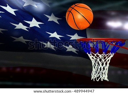 Basketball shot to the hoop with American flag background