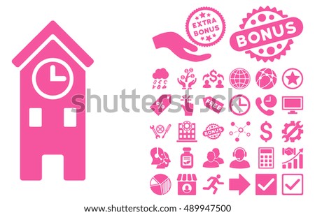 Clock Tower icon with bonus clip art. Vector illustration style is flat iconic symbols, pink color, white background.