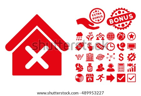 Wrong House pictograph with bonus clip art. Vector illustration style is flat iconic symbols, red color, white background.