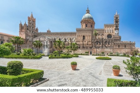 Palermo Cathedral is the cathedral church of the Roman Catholic Archdiocese of Palermo, located in Palermo, Sicily, Italy. The church was erected in 1185 by Walter Ophamil. Royalty-Free Stock Photo #489955033