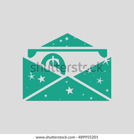 Birthday gift envelop icon with money  . Gray background with green. Vector illustration.