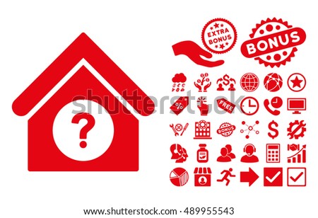 Status Building icon with bonus clip art. Vector illustration style is flat iconic symbols, red color, white background.
