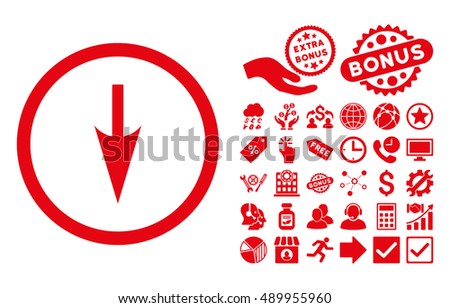 Sharp Down Arrow pictograph with bonus pictures. Vector illustration style is flat iconic symbols, red color, white background.