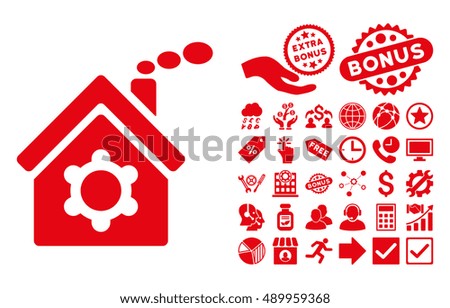 Plant Building pictograph with bonus symbols. Vector illustration style is flat iconic symbols, red color, white background.