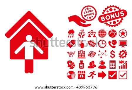 House Owner Wellcome pictograph with bonus clip art. Vector illustration style is flat iconic symbols, red color, white background.
