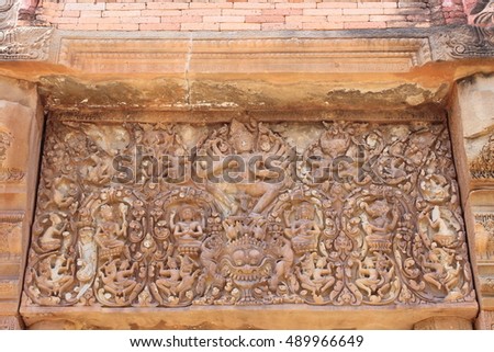Lintel depicting , Prasat Si Khoraphum  ,the ancient architecture ,Cambodia architecture ,Surin ,Thailand. The most beautiful and complete sandstone Apsaras ,divine dancers ,found in Thailand.