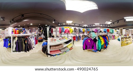 Spherical panorama of the interior of sportswear store 360 to 180 degrees Royalty-Free Stock Photo #490024765