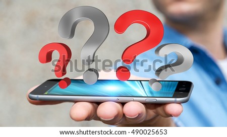 Businessman on blurred background holding question marks over mobile phone 3D rendering