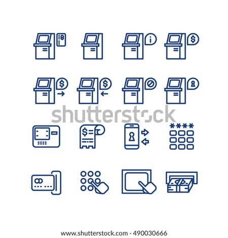 Atm terminal vector thin line icons set. Money and banking service, finance payment transaction illustration Royalty-Free Stock Photo #490030666
