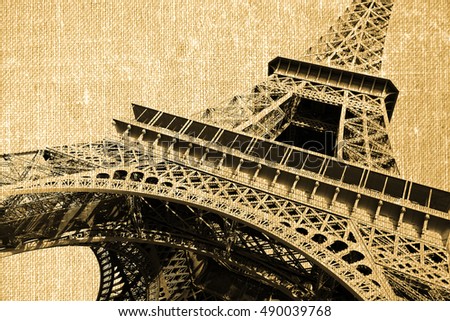 France. Paris. View of openwork Eiffel tower in style old shabby photos. Photo on canvas.