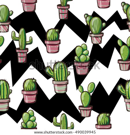 cactuses on a geometric background. seamless texture. Pattern with cacti. Green cactus in pink pot. cactus on black white geometric background