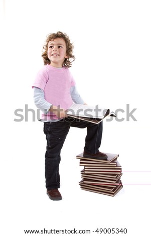 Kid with books on a white background