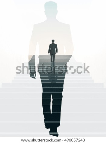 Back view of businessman climbing stairs and walking male silhouette on light background. Success concept. Double exposure Royalty-Free Stock Photo #490057243