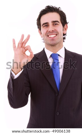 Handsome Businessman making OK sign, isolated on white background