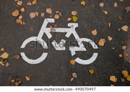 sign Bicycle path on the pavement. fallen yellow leaves. autumn