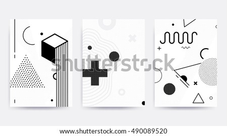 Black and white Neo Memphis geometric pattern set juxtaposed with bright bold blocks of color zig zags, squiggles, erratic images. Design background elements composition. Magazine, leaflet, billboard Royalty-Free Stock Photo #490089520