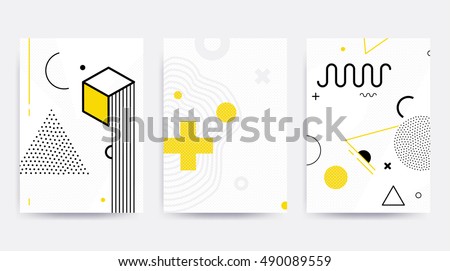 Colorful trend Neo Memphis geometric pattern set juxtaposed with bright bold blocks of color zig zags, squiggles, erratic images. Design background elements composition. Magazine, leaflet, billboard Royalty-Free Stock Photo #490089559