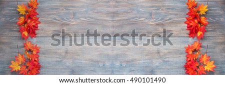 Autumn background with colored maple leaves on wooden board. Special light. Selective focus.Copy space. Wide panoramic. 