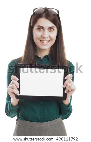 Businesswoman holding tablet in hands isolated, photo with depth of field