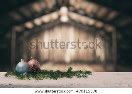 christmas decoration on old white wooden table in the old wooden room