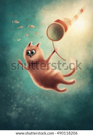 Red cat with butterfly net catching fishes