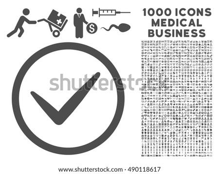 Gray Ok icon with 1000 medical business glyph pictograms. Design style is flat symbols, gray color, white background.