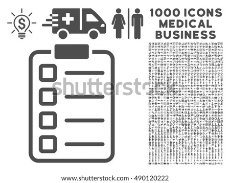 Gray Examination icon with 1000 medical business glyph design elements. Collection style is flat symbols, gray color, white background.