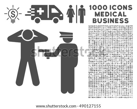 Gray Arrest icon with 1000 medical business vector pictograms. Collection style is flat symbols, gray color, white background.