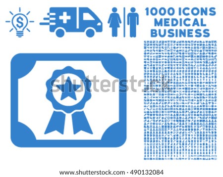 Certificate icon with 1000 medical business cobalt vector design elements. Collection style is flat symbols, white background.