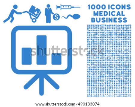 Bar Chart Display icon with 1000 medical business cobalt vector design elements. Collection style is flat symbols, white background.