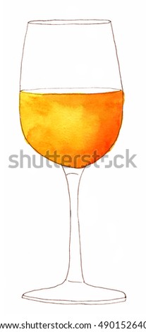 A glass of white wine on white background, freehand ink and watercolour drawing