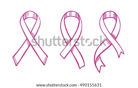 Hand drawn vector illustration - Collection of pink ribbons. Breast cancer awareness