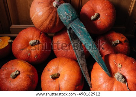 Halloween attributes - pumpkin, scary mask
