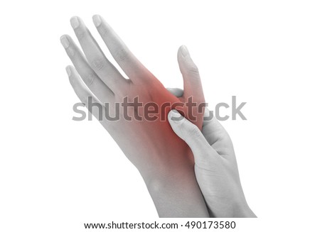 woman holding her beautiful healthy back hand side and massaging in pain area, black and white color with red highlighted, Isolated on white background.