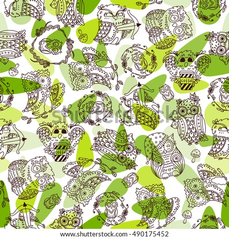 Vector seamless pattern. Cartoon birds, branch, leaves, mushroom elements. Hand drawn illustration, art in sketch style. Abstract background, wallpaper, ornament