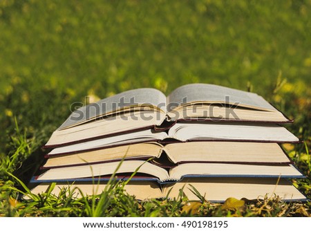 Pile of open books in the grass.