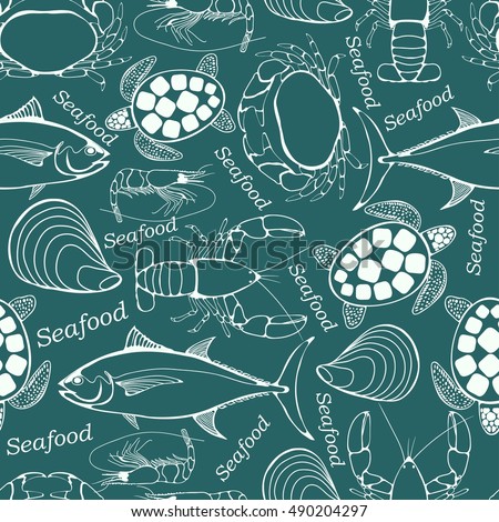 Seamless seafood background isolated for menu design, wrapping, banners - vector illustration