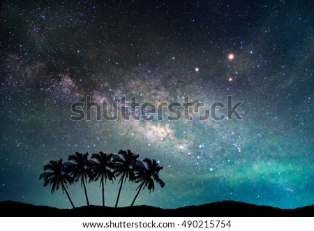 Landscape with Milky way galaxy. Night sky with stars and silhouette coconut palm tree on the mountain. Long exposure photograph.