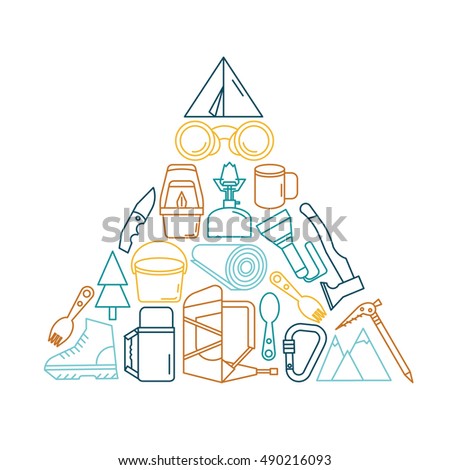 Vector illustration.The triangular composition.Postcard with the image of tourism and mountaineering equipment.Mountain tourism.Mountaineering.Hiking.Line style.