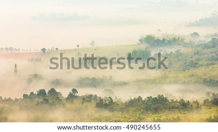 Fog in the morning at Khao-Kho district Petchabun Province Thailand,Misty forest with mountain view