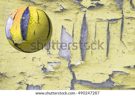 3d sphere on a background of peeling paint yellow and white
