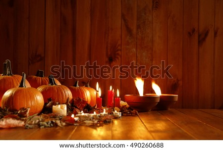 pumpkins on wooden desk space and space for your decoration 