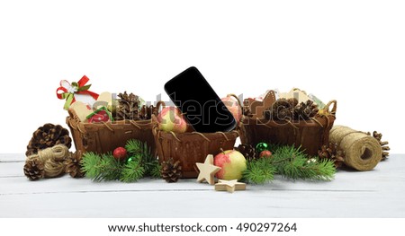 Christmas and modern technologies.Congratulations online.Communication.Fashionable gift.Youth culture.composition in country style.Isolation on a white without shadows.Christmas melody.mood, 