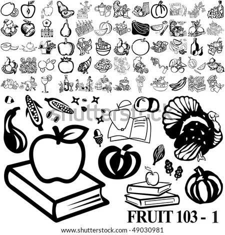 Fruit set of black sketch. Part 103-1. Isolated groups and layers.
