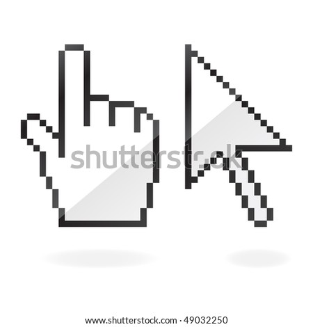 White glossy cursor and hand with shadow on white