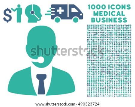 Call Center Manager icon with 1000 medical business cobalt and cyan vector design elements. Set style is flat bicolor symbols, white background.