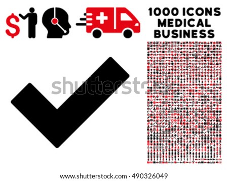 Ok Tick icon with 1000 medical business intensive red and black vector pictograms. Collection style is flat bicolor symbols, white background.