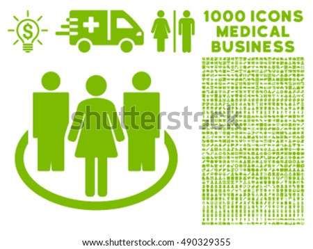 Society icon with 1000 medical business eco green vector pictographs. Design style is flat symbols, white background.