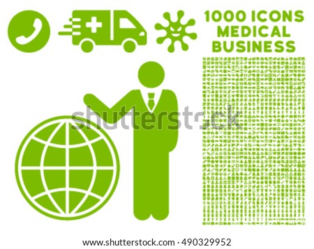 Planetary Manager icon with 1000 medical business eco green vector design elements. Set style is flat symbols, white background.