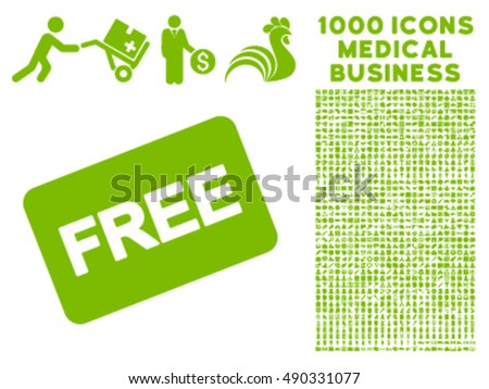 Free Card icon with 1000 medical business eco green vector pictograms. Collection style is flat symbols, white background.